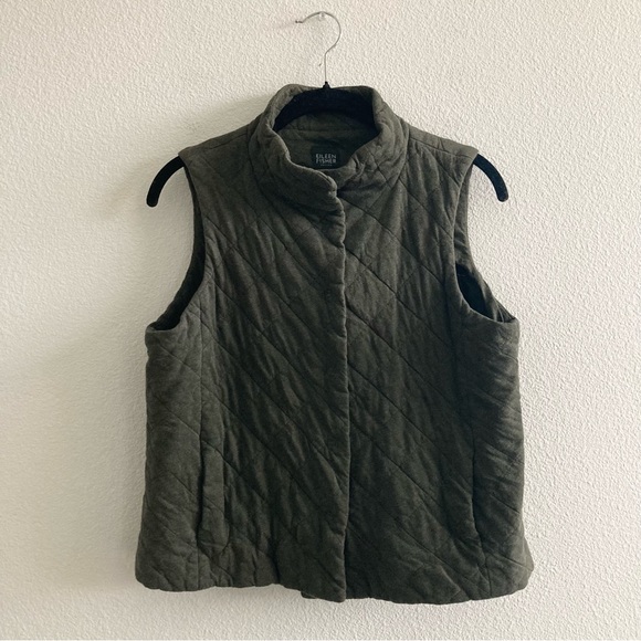 Eileen Fisher Quilted Cotton Fine Jersey Melange Green Vest Fall Winter Minimal - Picture 2 of 10